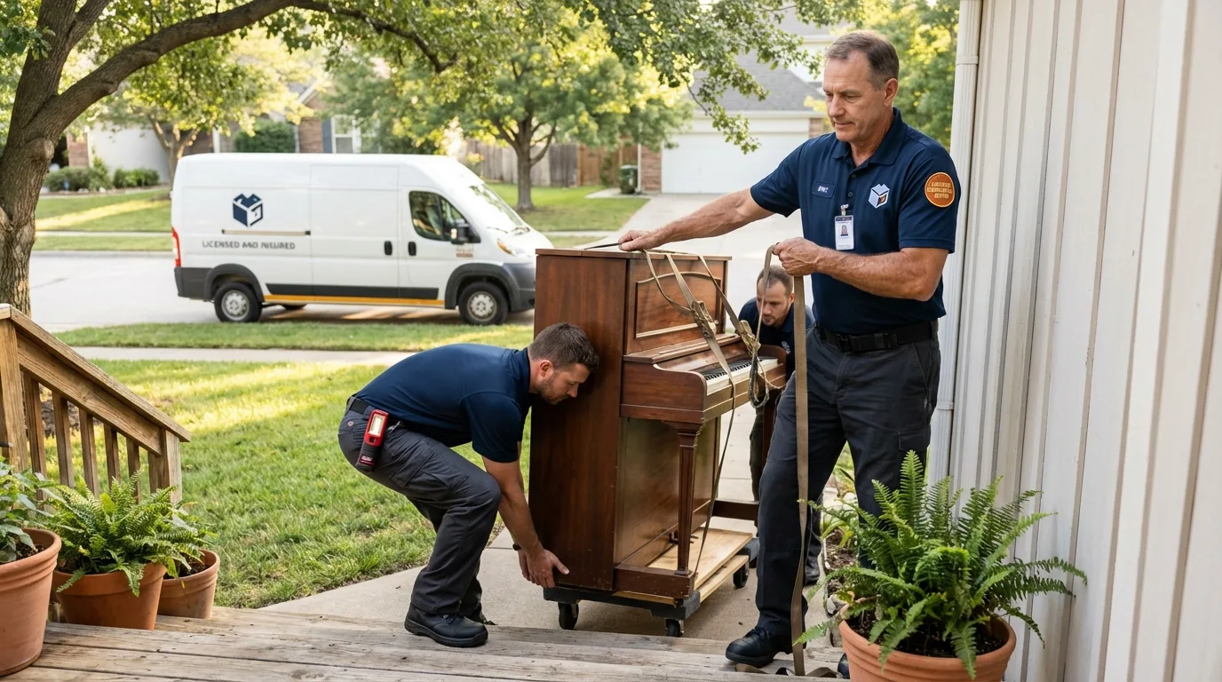 Licensed piano movers securing grand piano in Morovis, PR