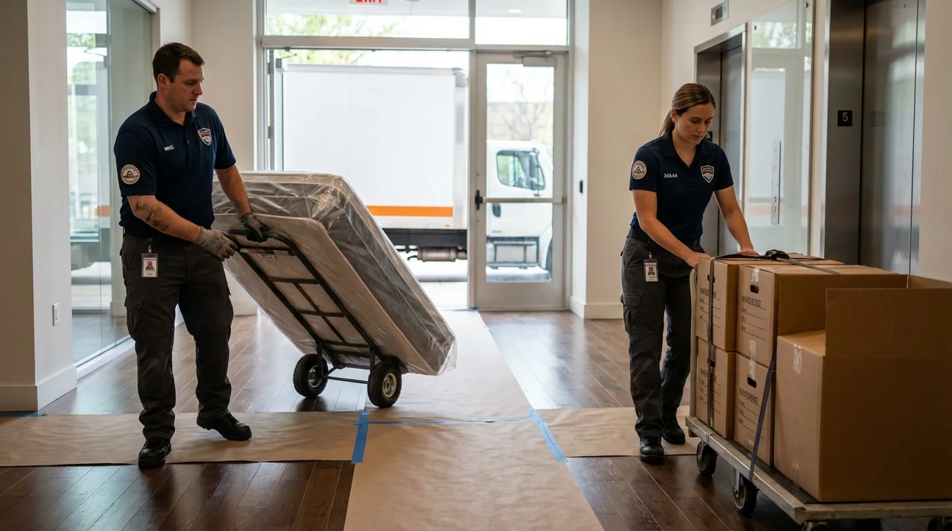Professional apartment movers loading elevator in Morovis, PR