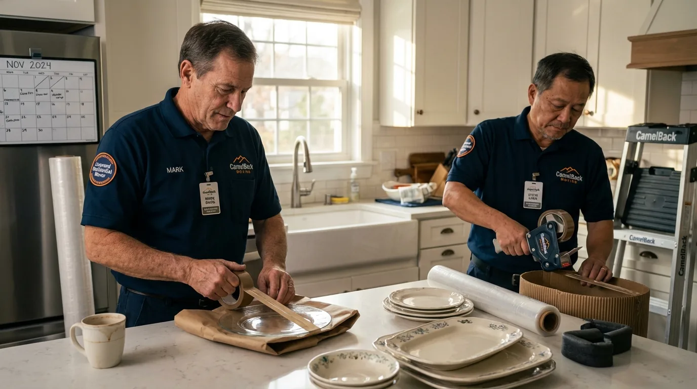 Professional crew packing kitchen dishware in Morovis, PR